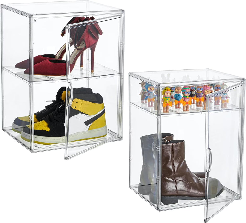 XXX-Large Clear Acrylic Display Case Boot Shoe Storage Boxes With An Adjustable Divider,2 Pack 2 Tiers Clear Plastic Stackable Storage Bins With Lids Big Display Acrylic Box With Magnetic – Multiroom Organization Format with Functional, Easy-Use Details