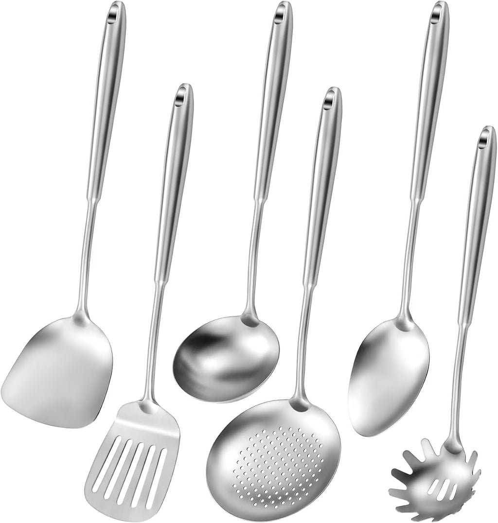 304 Stainless Steel Cooking Utensils,6 Pcs Kitchen Cooking Utensils Set with Spatula Solid Spoon Ladle Skimmer Spaghetti Spoon,Dishwasher Suitable – Durable Stainless Steel Construction with Functional, Easy-Use Details
