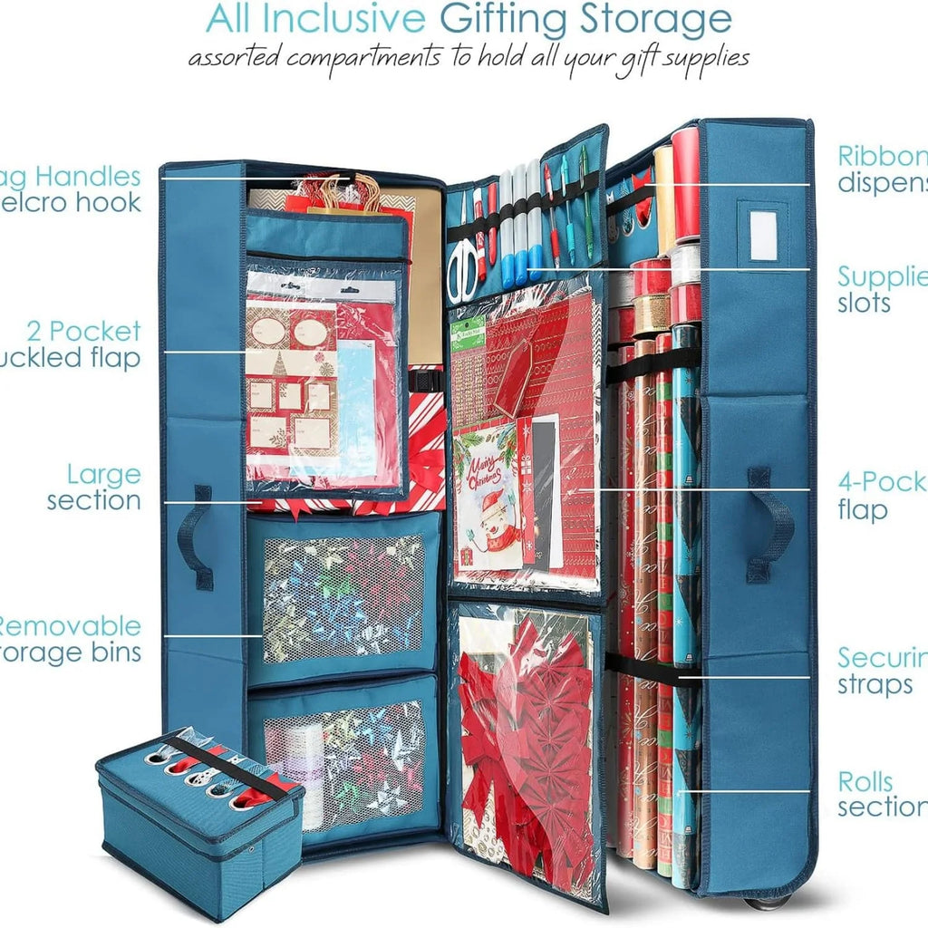 Wrapping Paper Storage Container with Ribbon Dispenser and Interior Pockets - Large Christmas Storage Containers with Wheels Fits 30 Rolls of 40" Length Blue – Everyday Household Format with Functional, Easy-Use Details