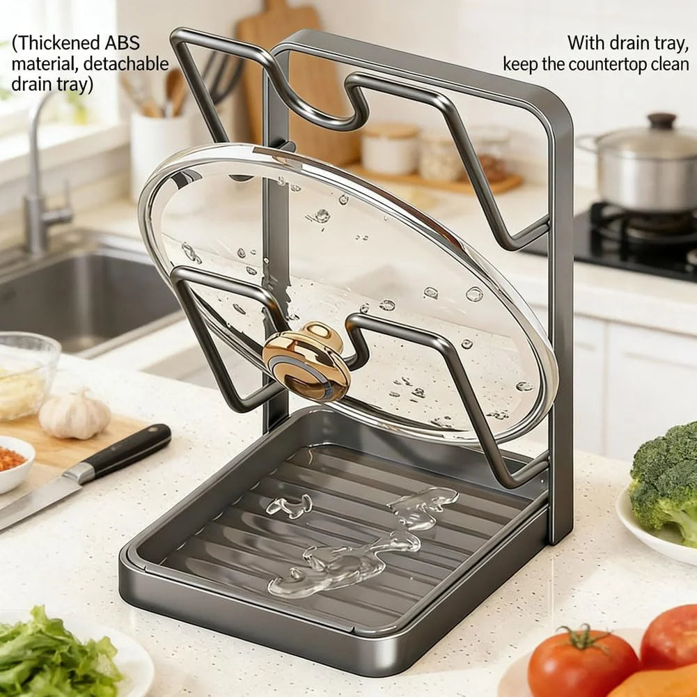 Kitchen Pot Lid Storage Rack Stainless Steel Pot Lid Holder While Cooking & Spoon Rest Multifunctional Pot Lid Organizer with Removable Drip Tray for Countertop Space-Saving Lid Rack – Durable Stainless Steel Construction with Functional, Easy-Use Details