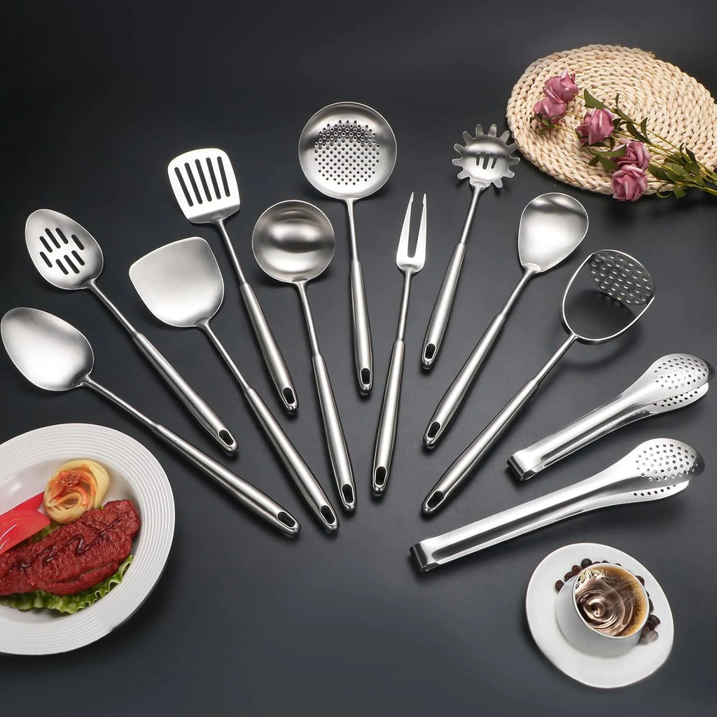 304 Stainless Steel Cooking Utensils,6 Pcs Kitchen Cooking Utensils Set with Spatula Solid Spoon Ladle Skimmer Spaghetti Spoon,Dishwasher Suitable – Durable Stainless Steel Construction with Functional, Easy-Use Details