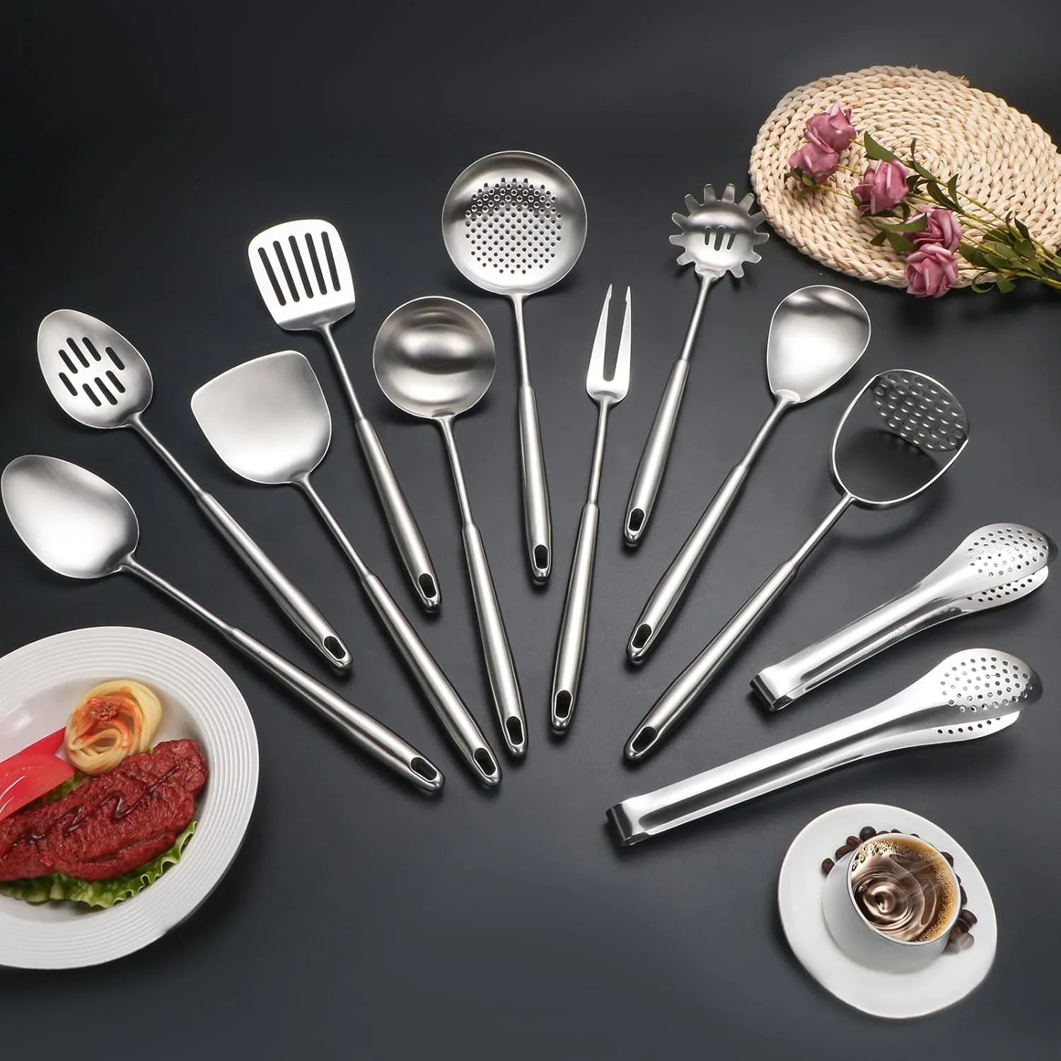 304 Stainless Steel Cooking Utensils,6 Pcs Kitchen Cooking Utensils Set with Spatula Solid Spoon Ladle Skimmer Spaghetti Spoon,Dishwasher Suitable – Durable Stainless Steel Construction with Functional, Easy-Use Details