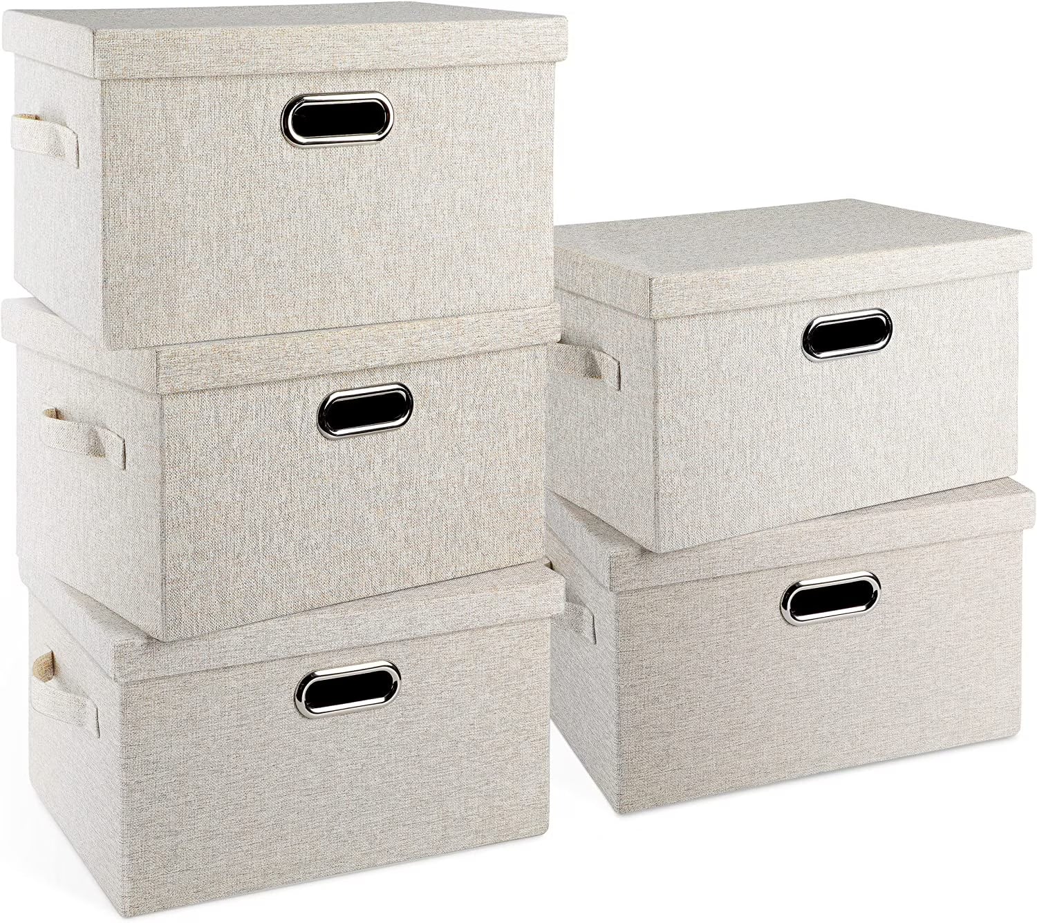 Medium 15" 21 Quart Collapsible Stackable Storage Bins with Lids 5 Packs Beige Foldable Fabric Closet Boxes Heavy-duty Lidded Linen Cube Baskets Container Organizers and Storage – Multiroom Organization Format with Functional, Easy-Use Details