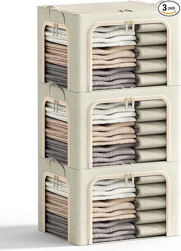 3 Openings Clothes Storage Bins with Metal Frame Foldable Storage Bin for Clothes Clothing Storage Bins with Lid Linen Storage Box With Clear Window＆ Zippers＆ Durable Handles.(3 – Multiroom Organization Format with Functional, Easy-Use Details