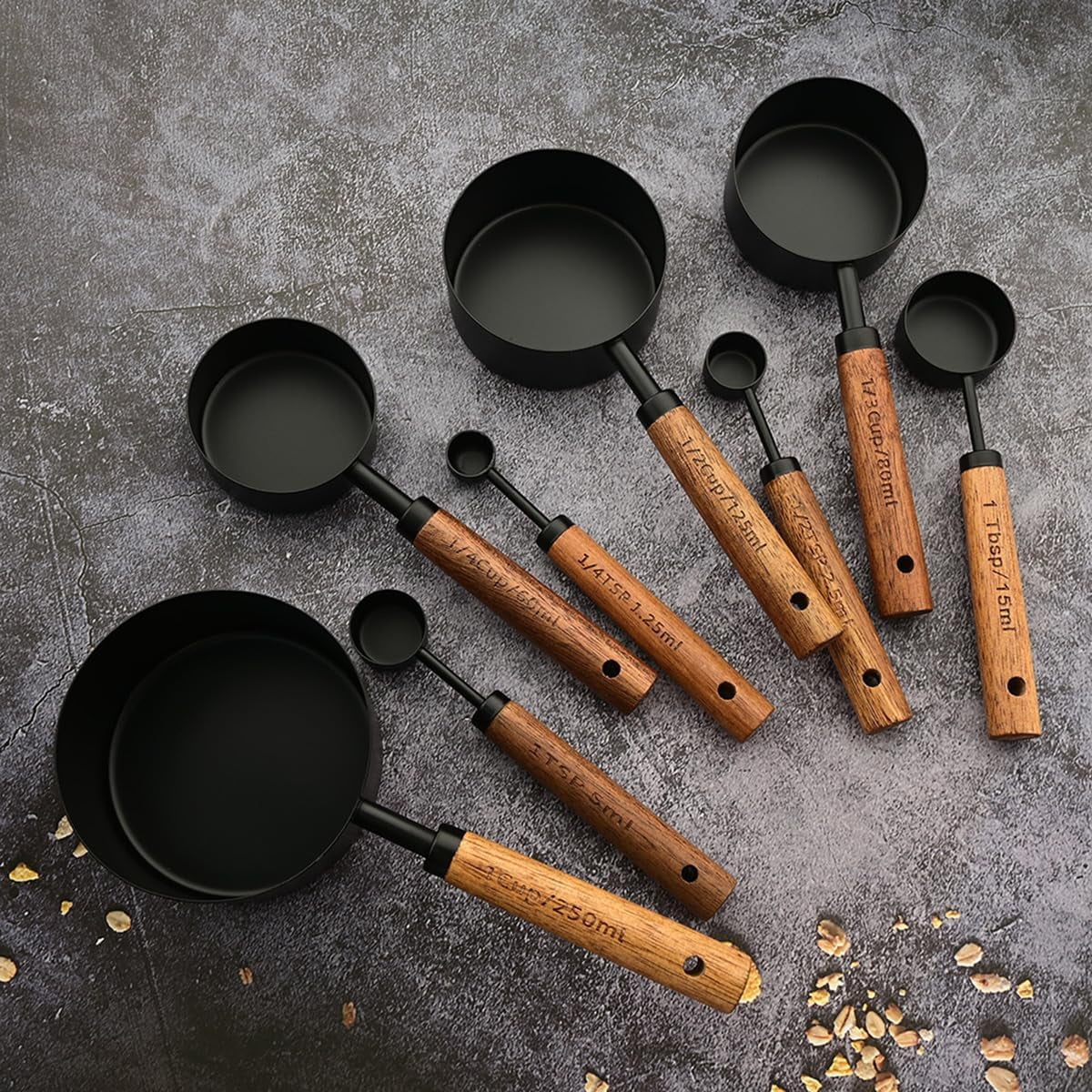 8 pieces Golden Measuring Cups Set and Measuring Spoons Set with Scale Wooden Handle Stainless Steel Dry & Liquid Measuring Cup for Cooking Baking – Convenient Carry Handles with Functional, Easy-Use Details