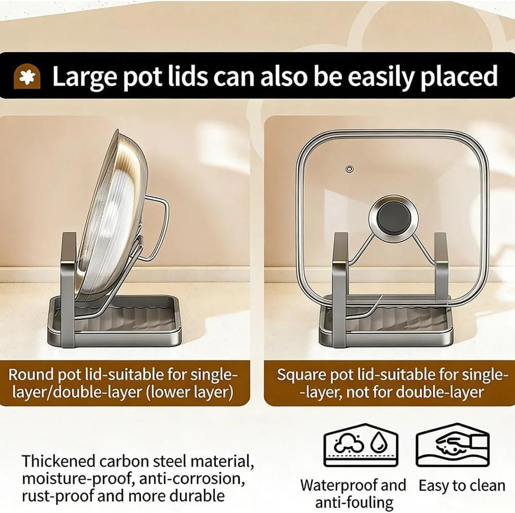 Kitchen Pot Lid Storage Rack Stainless Steel Pot Lid Holder While Cooking & Spoon Rest Multifunctional Pot Lid Organizer with Removable Drip Tray for Countertop Space-Saving Lid Rack – Durable Stainless Steel Construction with Functional, Easy-Use Details