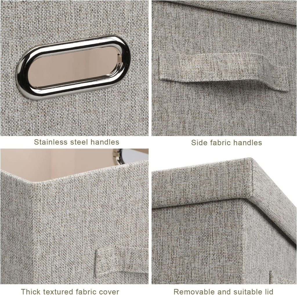 Medium 15" 21 Quart Collapsible Stackable Storage Bins with Lids 5 Packs Beige Foldable Fabric Closet Boxes Heavy-duty Lidded Linen Cube Baskets Container Organizers and Storage – Everyday Household Format with Functional, Easy-Use Details