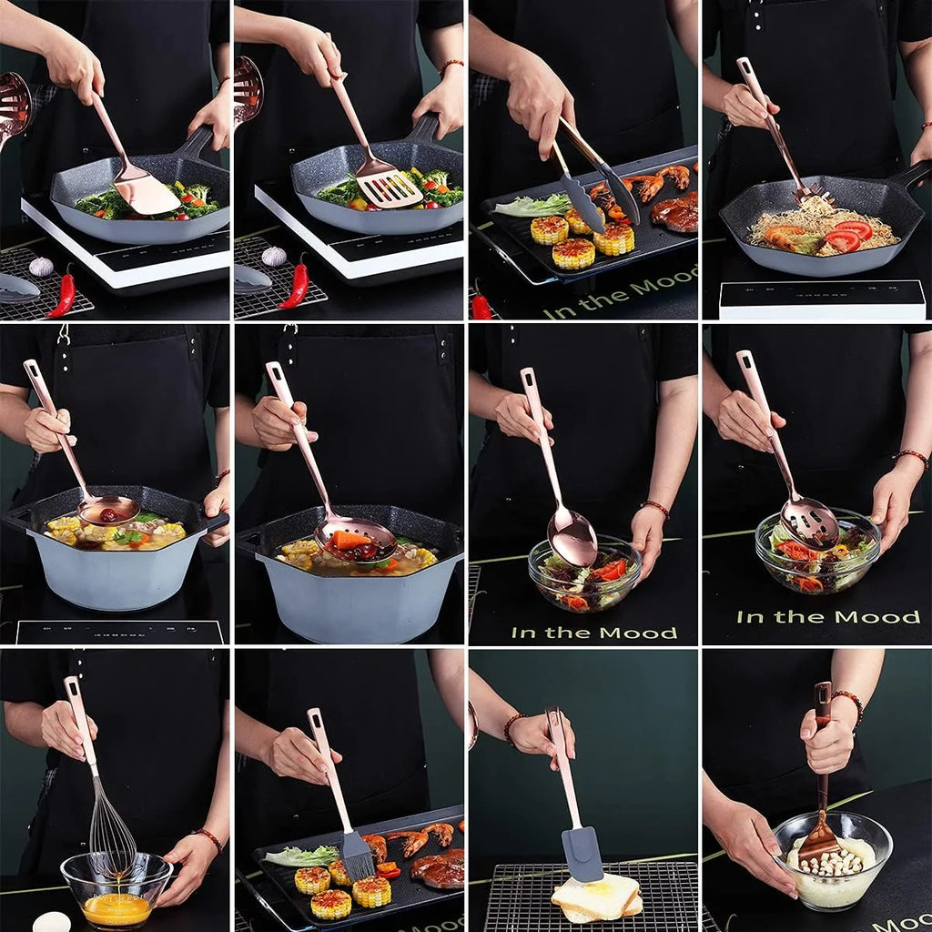 Copper Kitchen Utensils Set,13 Pieces Stainless Steel Cooking Utensils Set with – Durable Stainless Steel Construction with Functional, Easy-Use Details