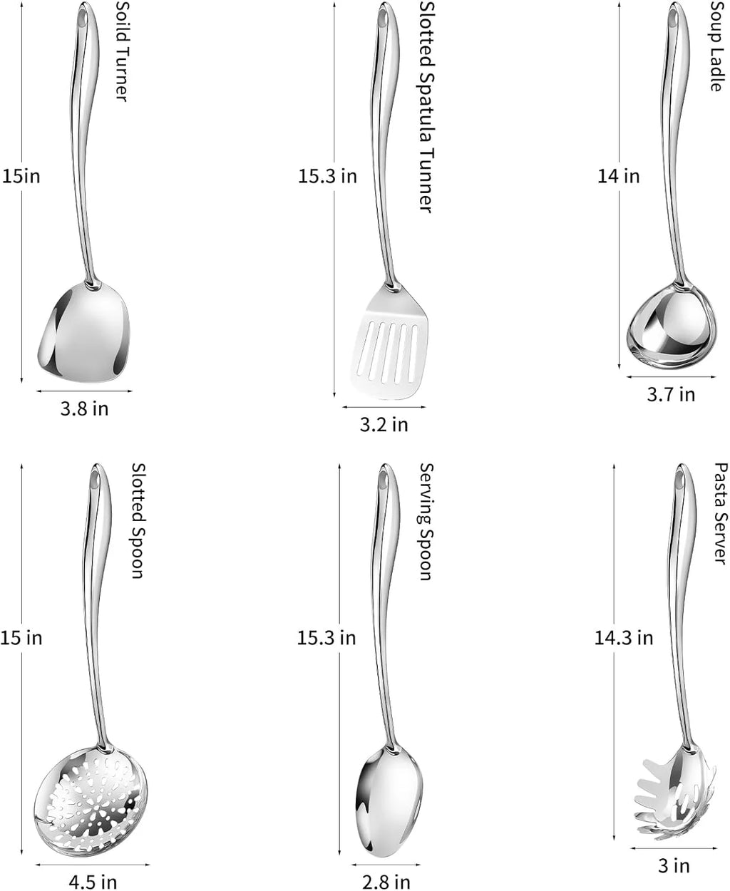 304 Stainless Steel Cooking Utensils Set,6 Pcs Long Metal Kitchen Utensils Set with Spatula Solid Spoon Ladle Skimmer Spaghetti Spoon,Dishwasher Suitable – Durable Stainless Steel Construction with Functional, Easy-Use Details