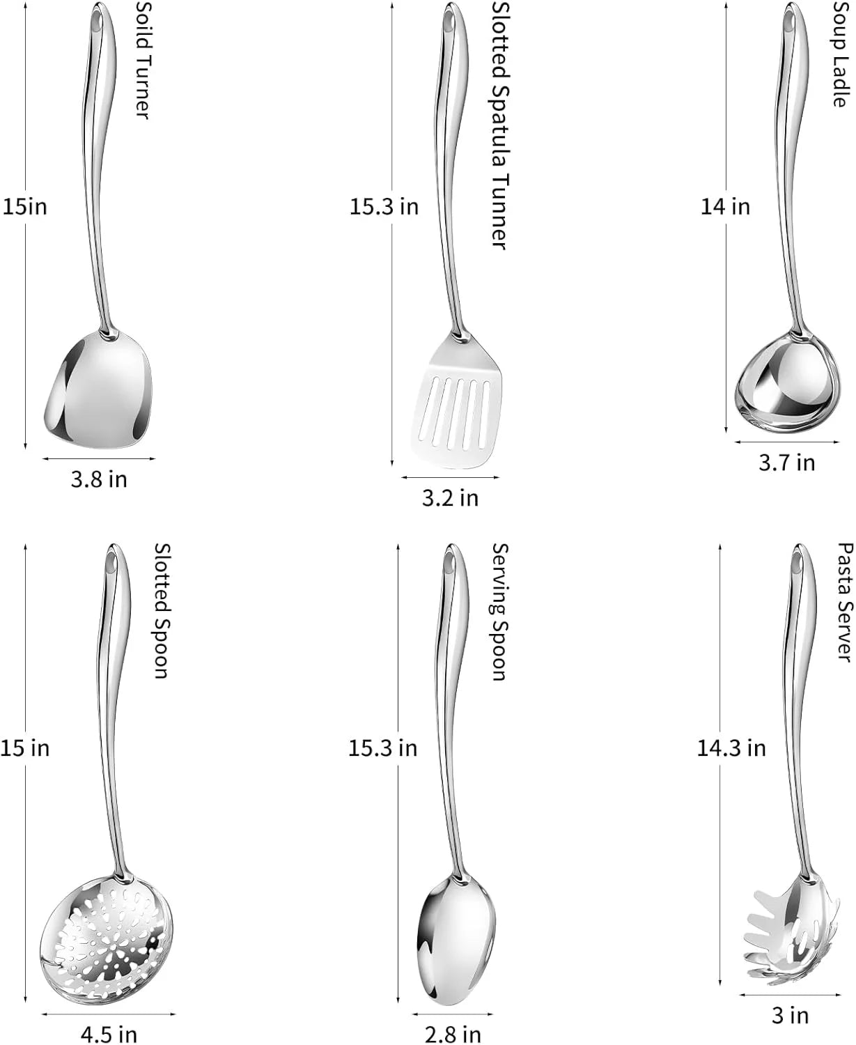 304 Stainless Steel Cooking Utensils Set,6 Pcs Long Metal Kitchen Utensils Set with Spatula Solid Spoon Ladle Skimmer Spaghetti Spoon,Dishwasher Suitable – Durable Stainless Steel Construction with Functional, Easy-Use Details