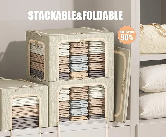 3 Openings Clothes Storage Bins with Metal Frame Foldable Storage Bin for Clothes Clothing Storage Bins with Lid Linen Storage Box With Clear Window＆ Zippers＆ Durable Handles.(3 – Multiroom Organization Format with Functional, Easy-Use Details