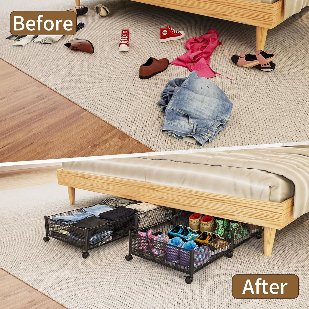 47.2'' Long Under Bed Storage on Wheels 57.6L Large Capacity Rolling Under the Bed Storage Containers Tool-Free Assembly Foldable Underbed Shoes Clothes Toy Drawers – Multiroom Organization Format with Functional, Easy-Use Details