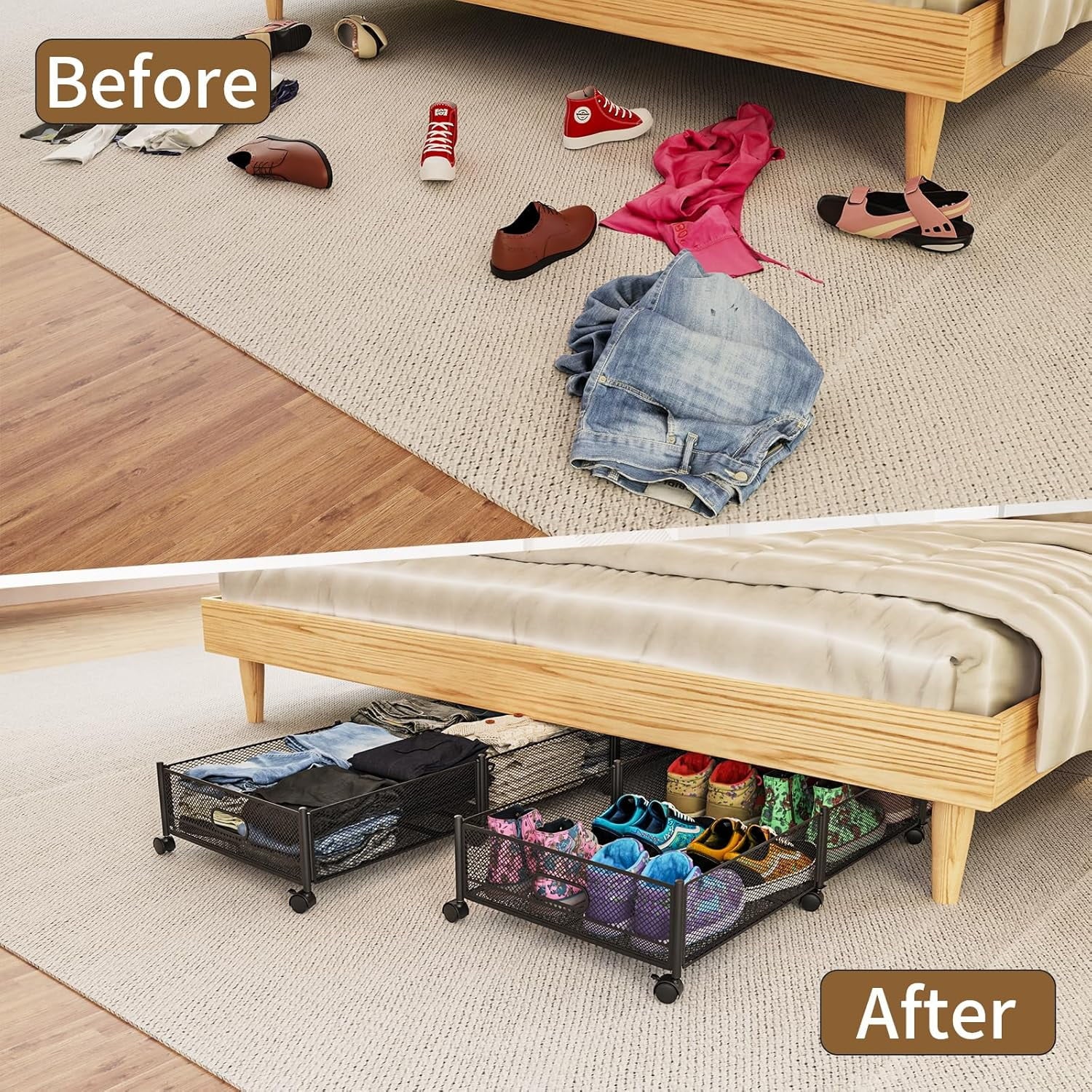 47.2'' Long Under Bed Storage on Wheels 57.6L Large Capacity Rolling Under the Bed Storage Containers Tool-Free Assembly Foldable Underbed Shoes Clothes Toy Drawers – Multiroom Organization Format with Functional, Easy-Use Details