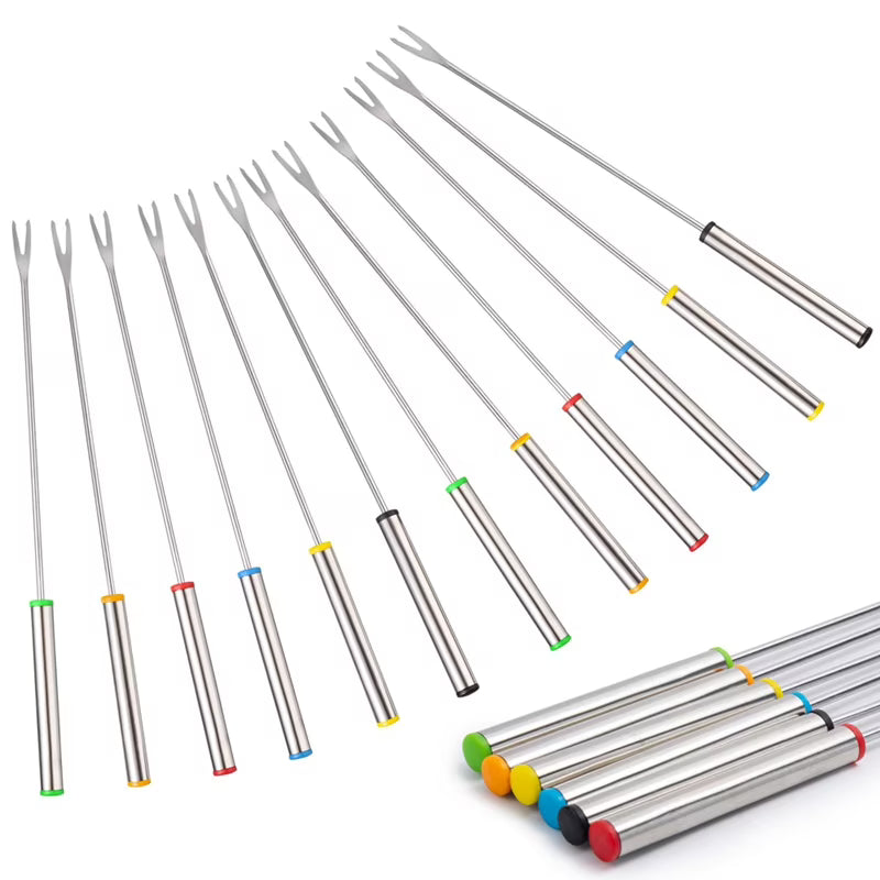 12PCS 9.5 Inch Color-Coded Stainless Steel Fondue Forks Cheese Fork Fruit with Heat-Blocking – Durable Stainless Steel Construction with Functional, Easy-Use Details