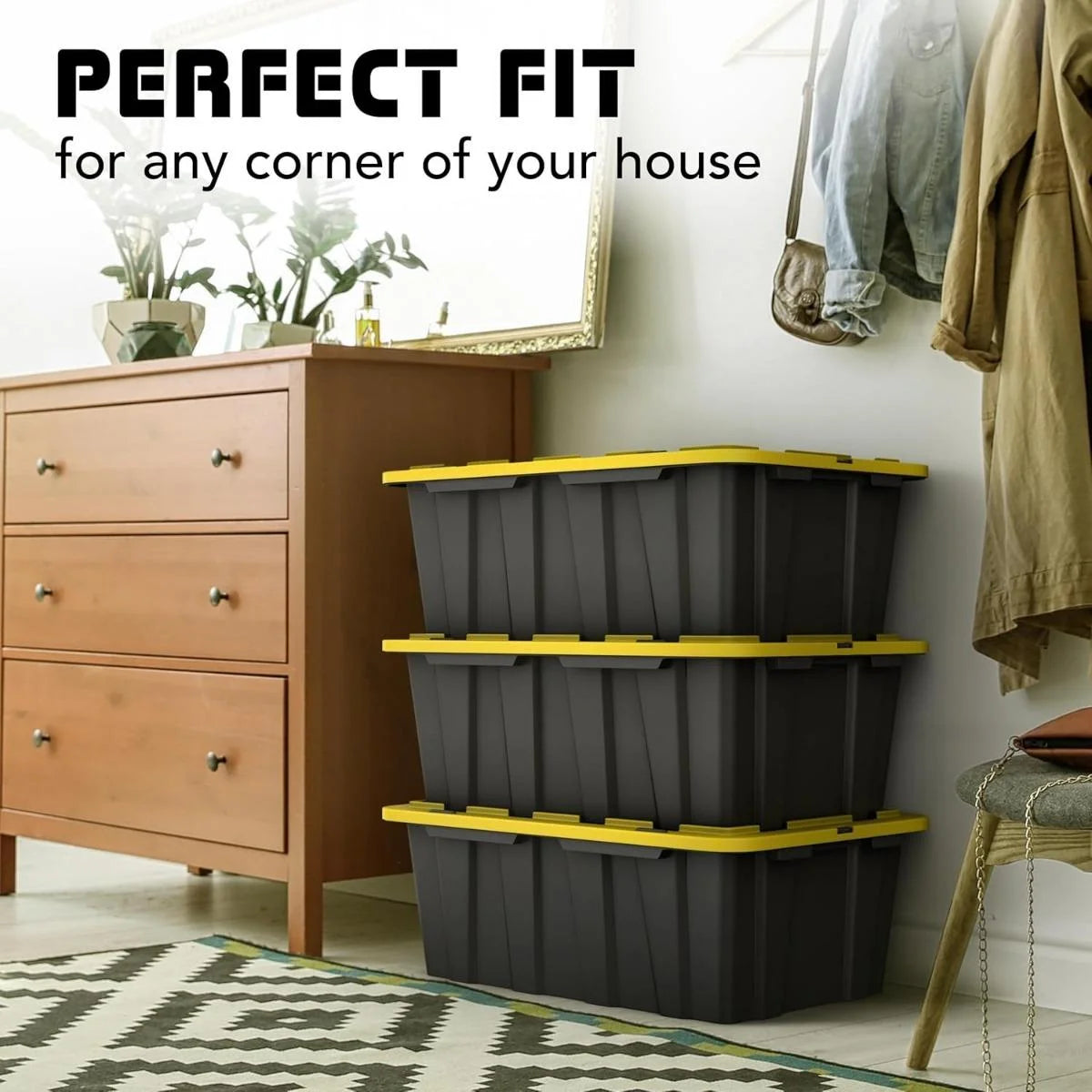 8 PACK of Medium 12 Gallon Plastic Storage Bin Tote Organizing Container with Ultra Durable Secure Latching Lids Stackable Extra Strength Clear with Built in Handle - Black and Yellow – Stackable Organization with Functional, Easy-Use Details