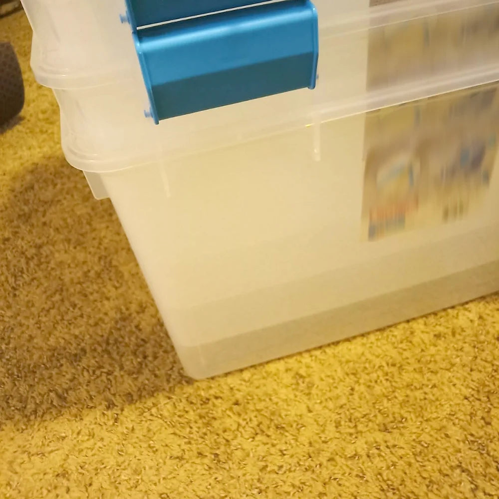 4-Pack 54 Qt Stackable Clear Storage Bins with Durable Latching Lids Space-Saving Sturdy Storage Box For Home Office Organization Clear Base and Lid – Stackable Organization with Functional, Easy-Use Details