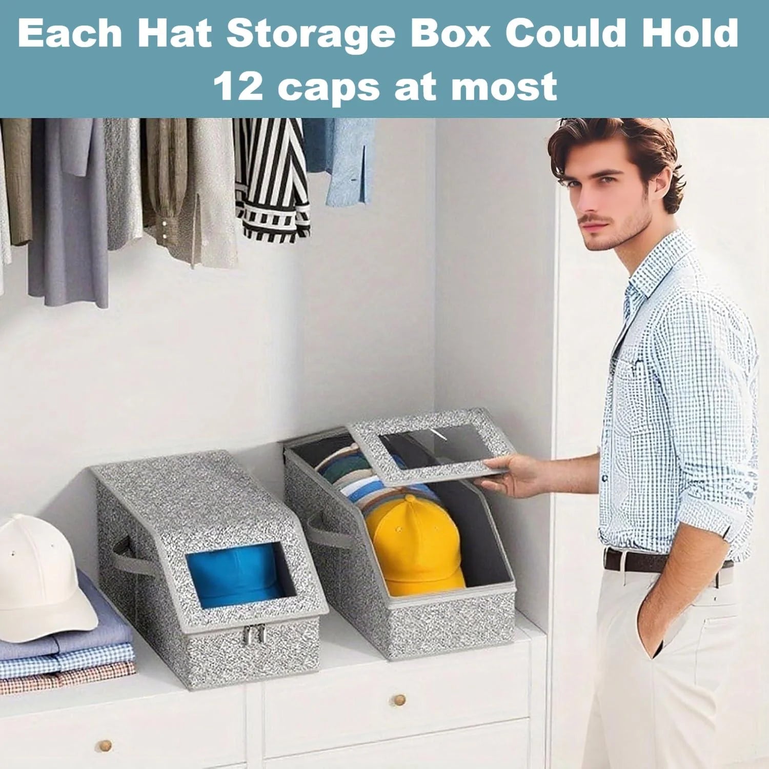 4 PCS Stackable Hat Storage for Baseball Caps Hat Storage Boxes for Closet Holds up to 12 Caps with Cardboard Hat Organizer for Women & Men (Grey) – Stackable Organization with Functional, Easy-Use Details